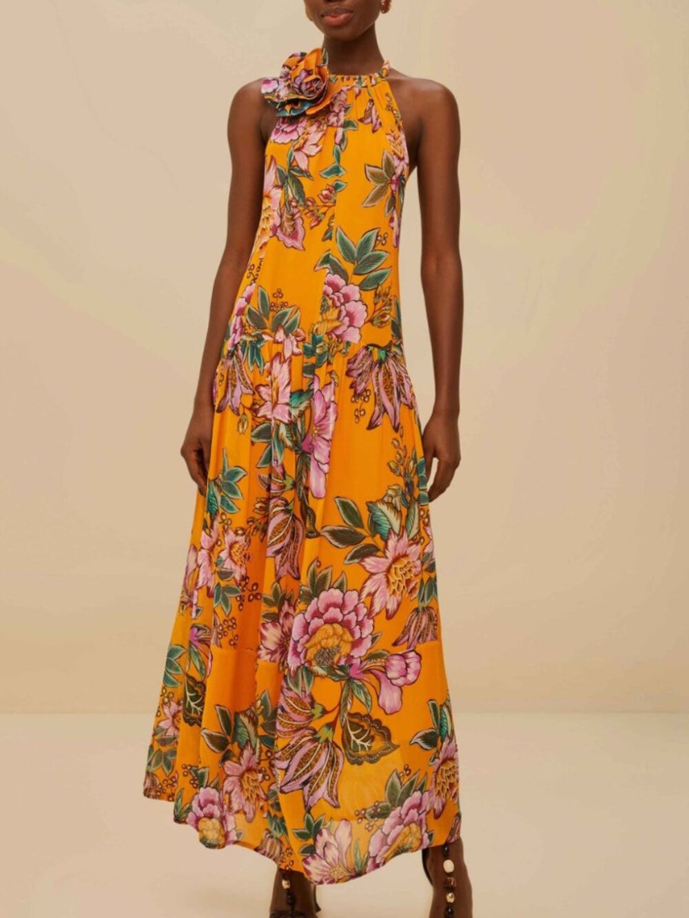 Farm Rio Orange Wonderful Bouquet Maxi Dress Size Medium